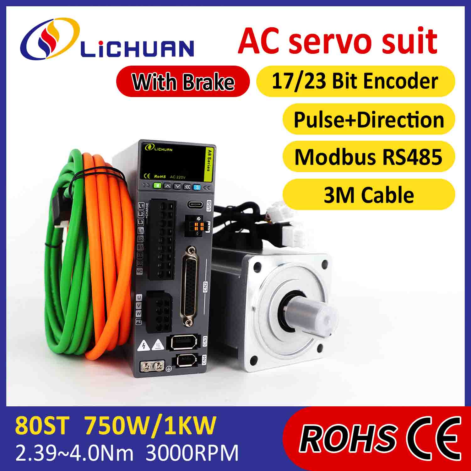 Lichuan AC Servo Motor Driver Kit A8 Akurasi Tinggi STO ABZ 1000W 1KW 3.2N.m 220V 5.8A 2500/3000RPM IP65