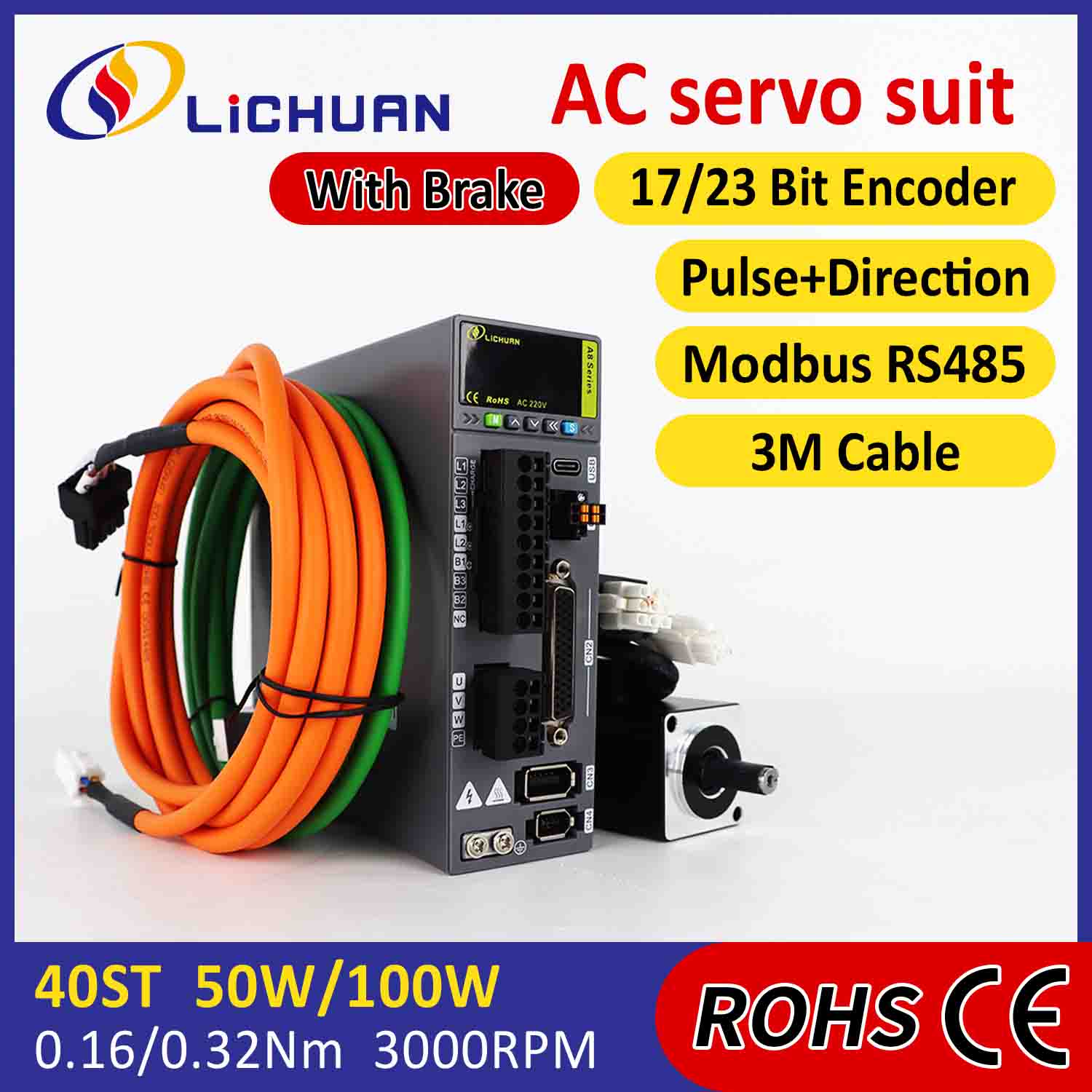 Lichuan AC Servo Motor Driver Kit A8 Akurasi Tinggi STO ABZ 100W 0,32N.m 220V 1,1A 3000RPM IP65