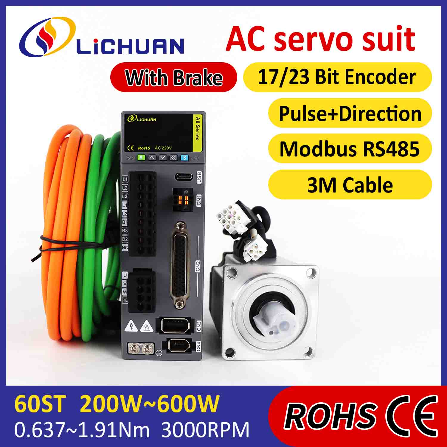 Kit Driver Motor Servo AC Lichuan A8 STO ABZ Akurasi Tinggi 200W 0,637N.m 220V 1,6A 3000RPM IP65