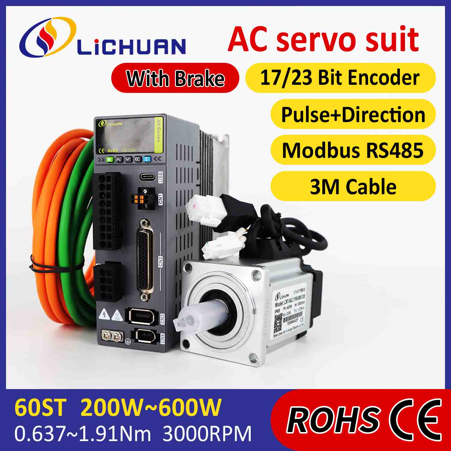 Lichuan AC Servo Motor Driver Kit A8 Akurasi Tinggi STO ABZ 400W 1,27N.m 220V 2,5A 3000RPM IP65