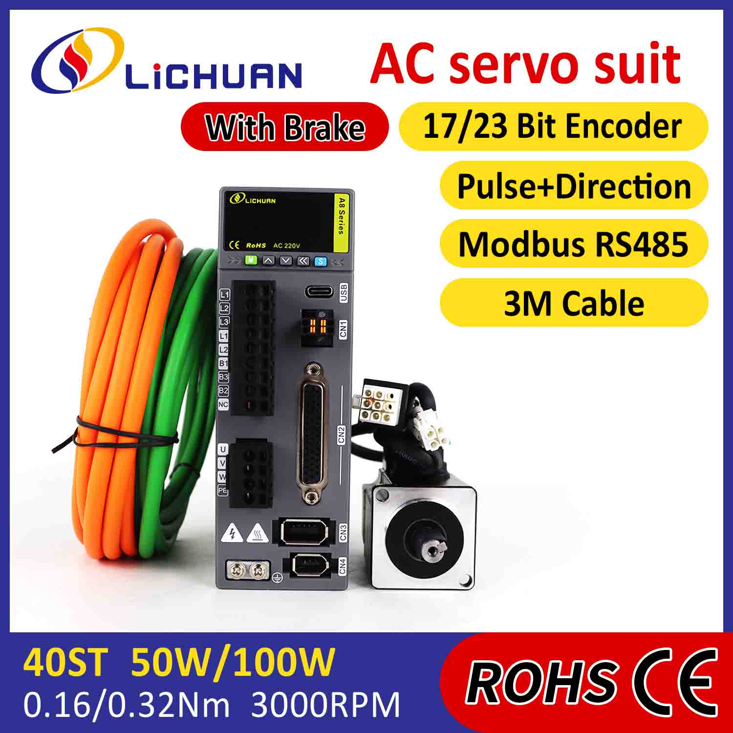 Lichuan AC Servo Motor Driver Kit A8 Akurasi Tinggi STO ABZ 50W 0,16N.m 220V 0,8A 3000RPM IP65
