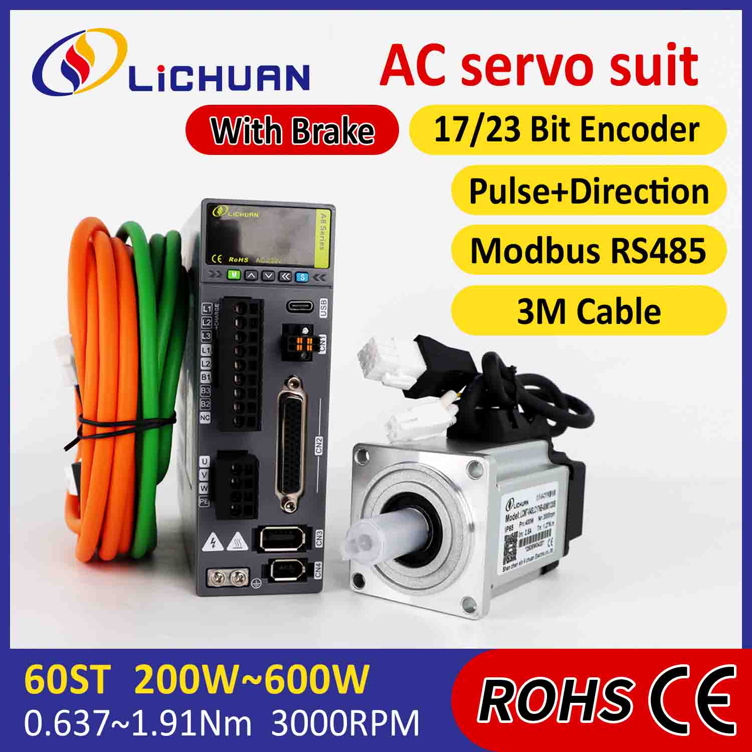 Lichuan AC Servo Motor Driver Kit A8 Akurasi Tinggi STO ABZ 600W 1,91N.m 220V 3,3A 3000RPM IP65