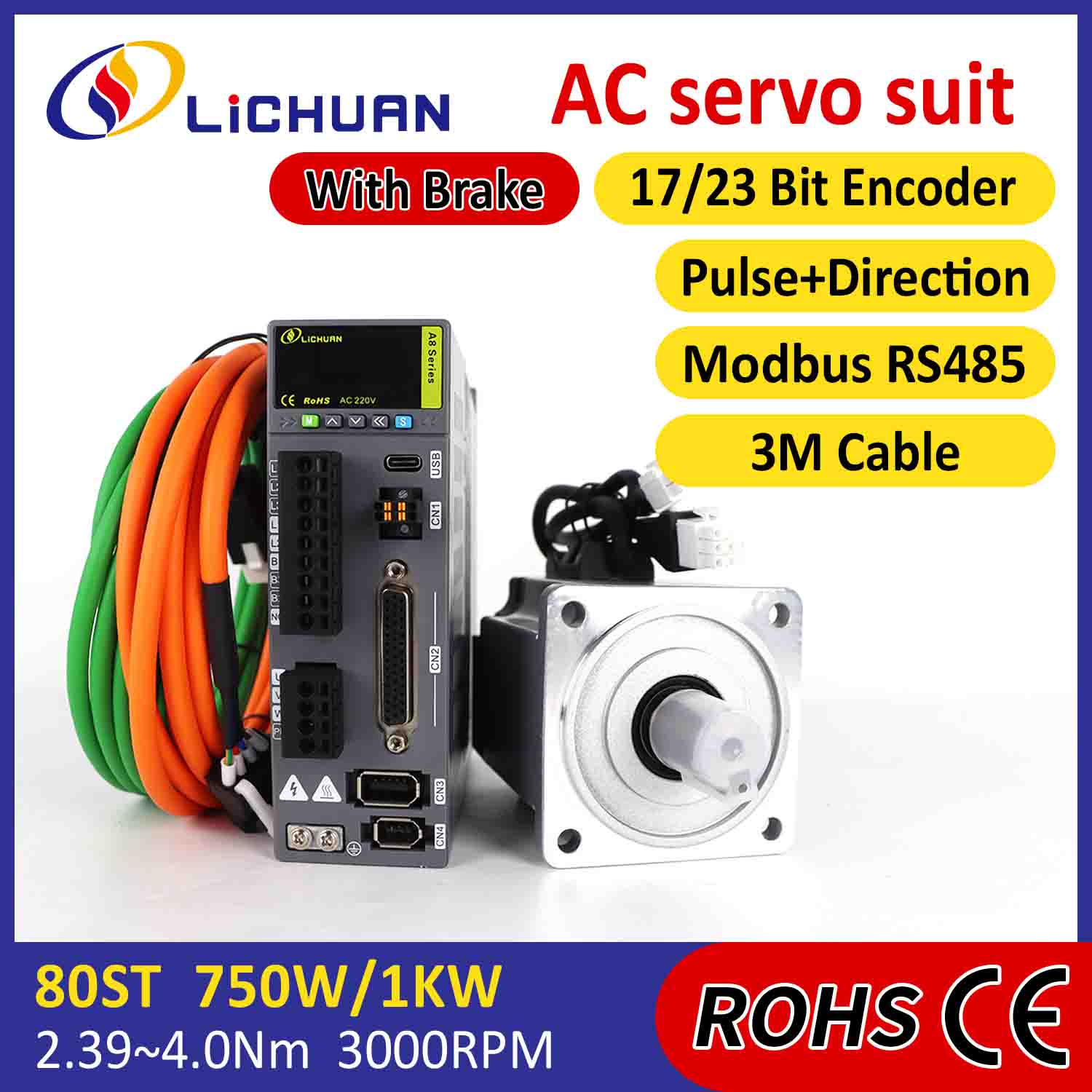 Lichuan AC Servo Motor Driver Kit A8 Akurasi Tinggi STO ABZ 750W 0,75KW 2,39N.m 220V 4,5A 2500/3000RPM IP65