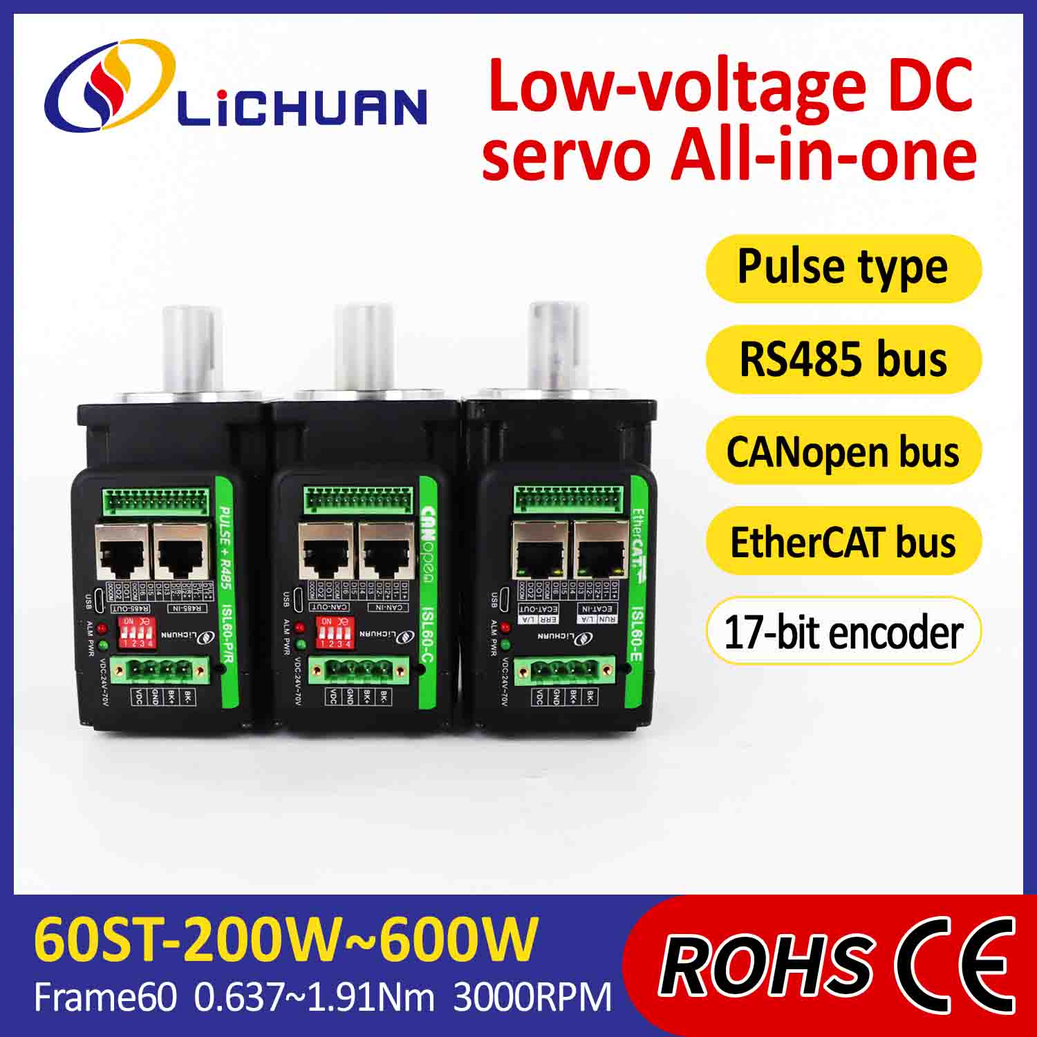 Driver Motor Servo Terintegrasi Lichuan Berbentuk L 200W 0,637N.m DC24/48V 6.0/10/12/15A 3000RPM IP65