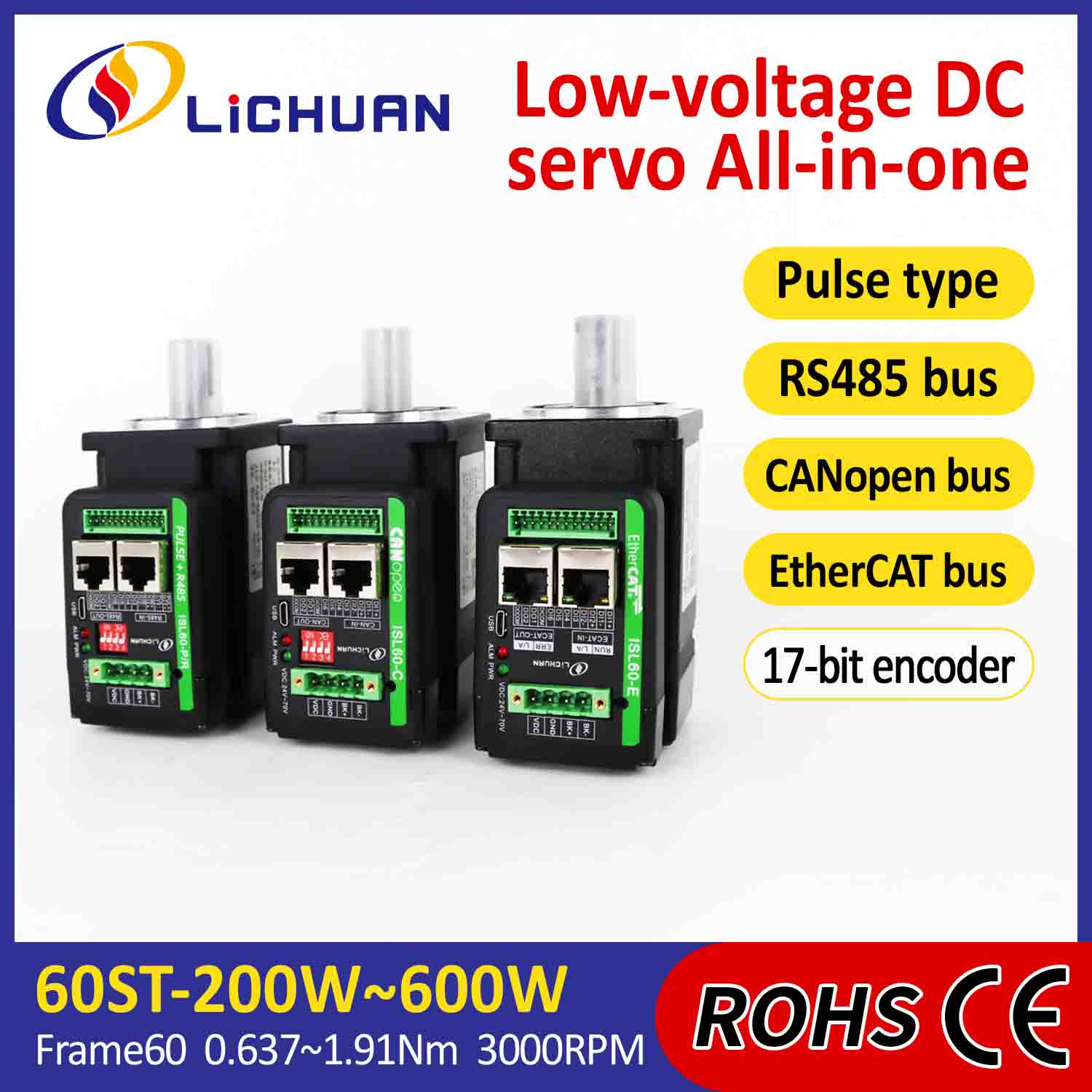 Driver Motor Servo Terintegrasi Lichuan Berbentuk L 400W 1,27N.m DC24/48V 6.0/10/12/15A 3000RPM IP65