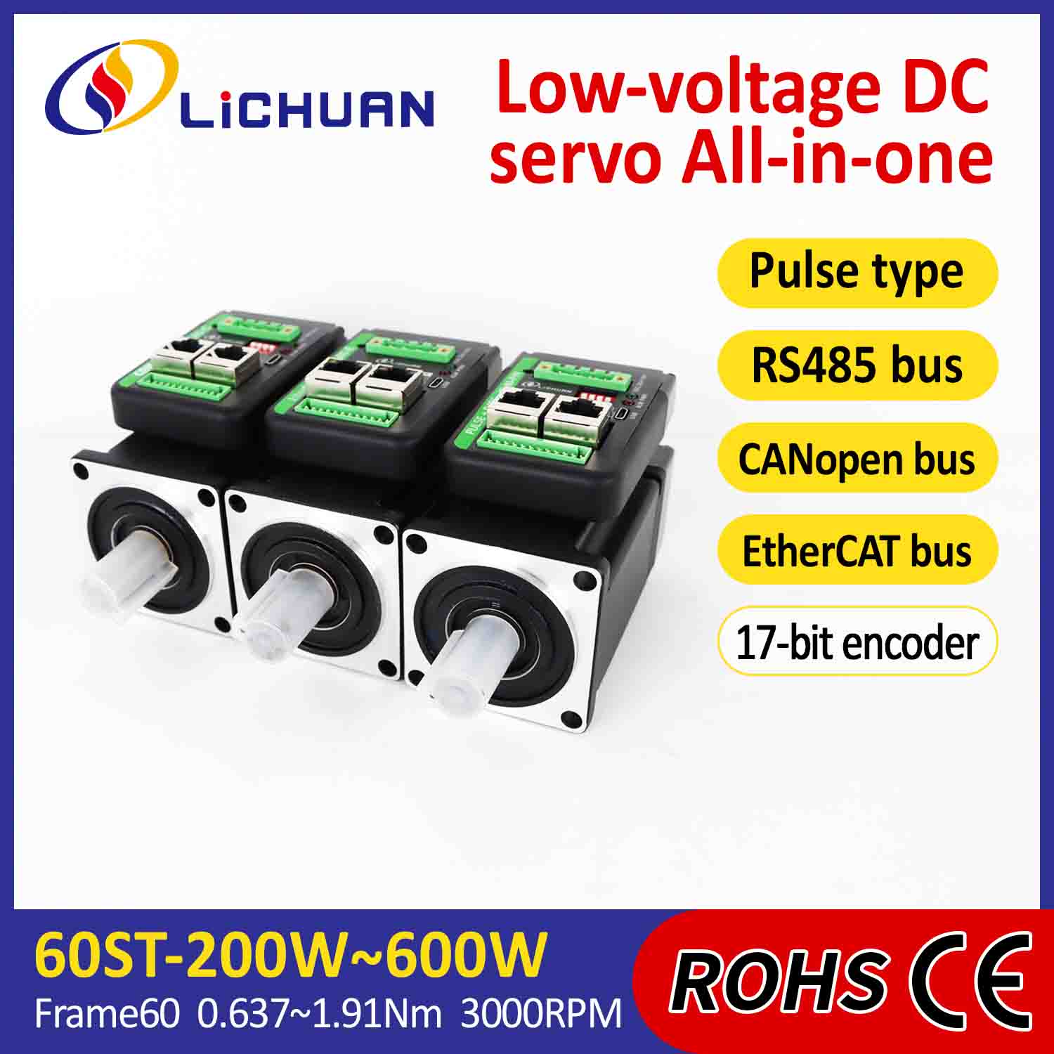 Driver Motor Servo Terintegrasi Lichuan Berbentuk L 600W 1,91N.m DC24/48V 6.0/10/12/15A 3000RPM IP65