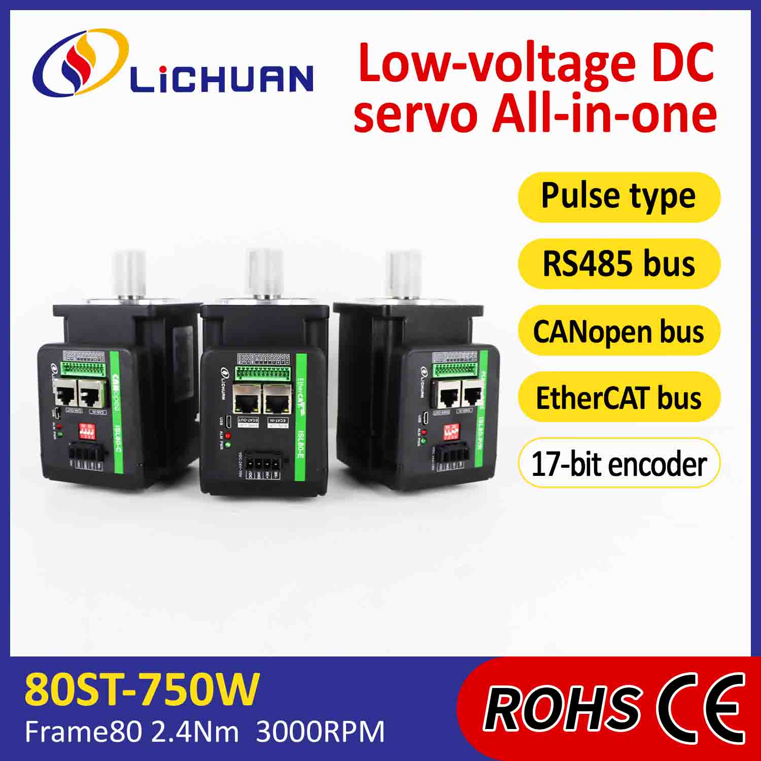Driver Motor Servo Terintegrasi Lichuan berbentuk L 750W 2,4N.m DC48V 20A 3000RPM IP65