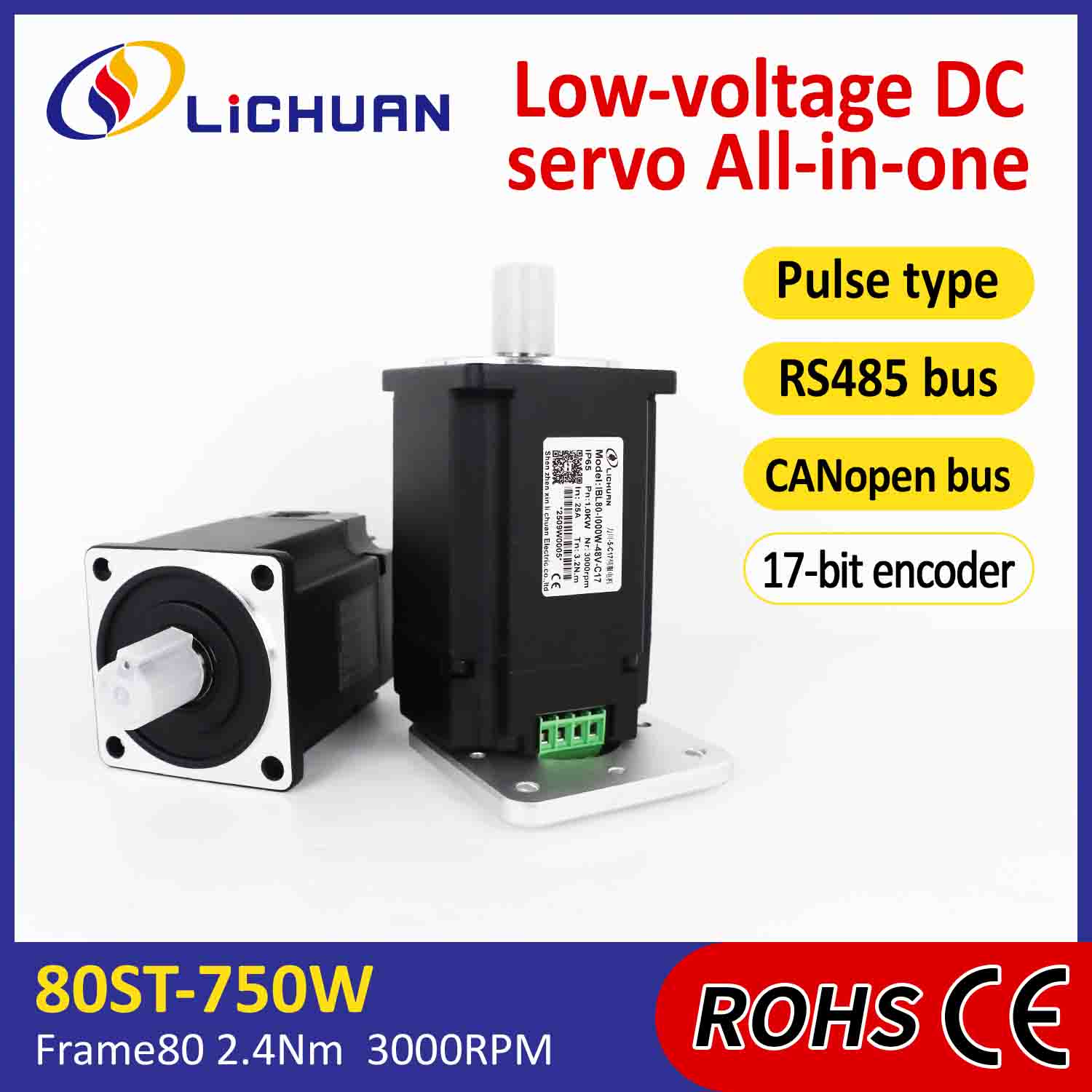 Lichuan Terintegrasi Motor Servo Driver Pulsa/RS485/CANopen Kontrol 1000W 3.2N.m DC48V 20/25A 3000RPM IP65
