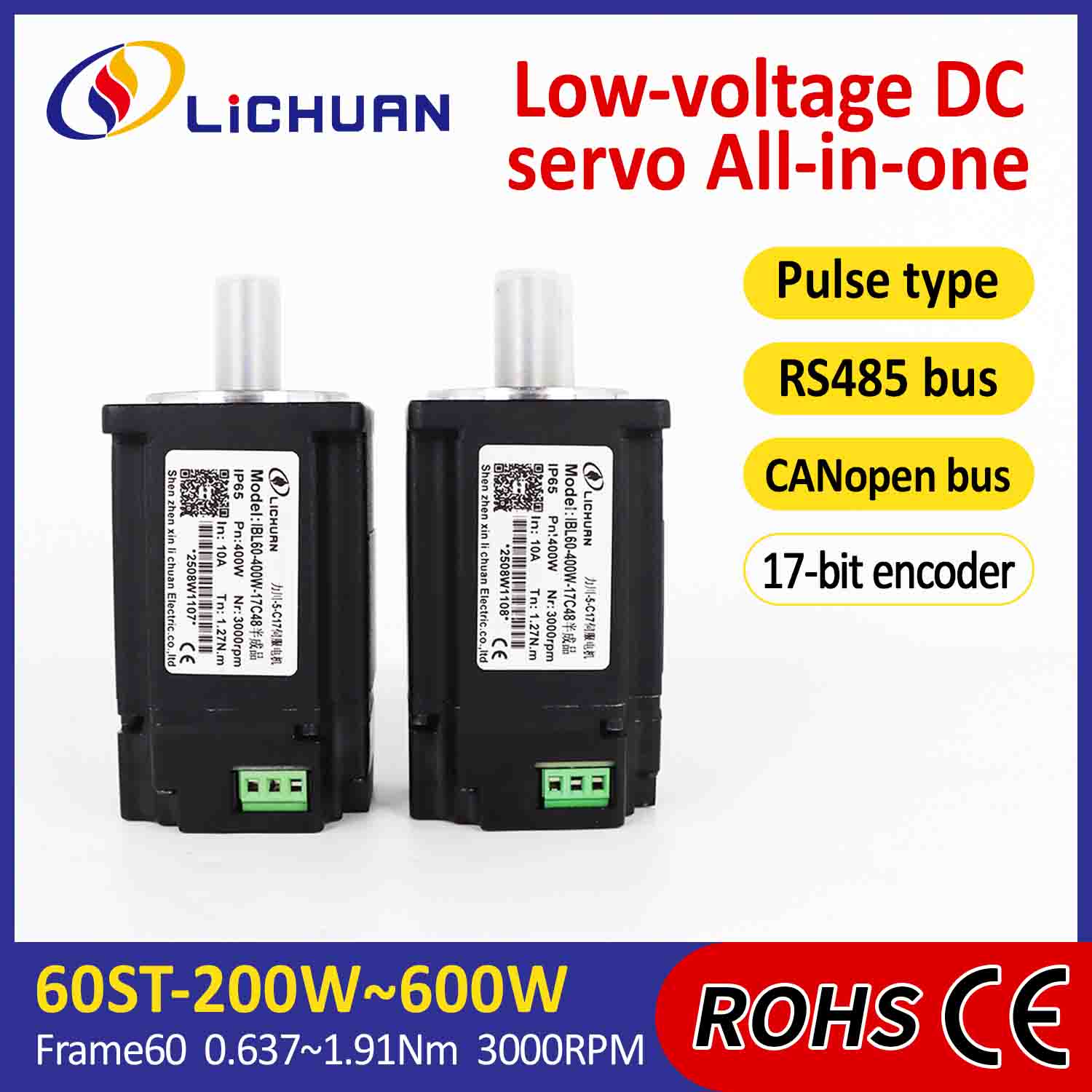 Lichuan Terintegrasi Motor Servo Driver Pulsa/RS485/CANopen Kontrol 200W 0.637N.m DC24/48V 6/10/12/15A 3000RPM IP65