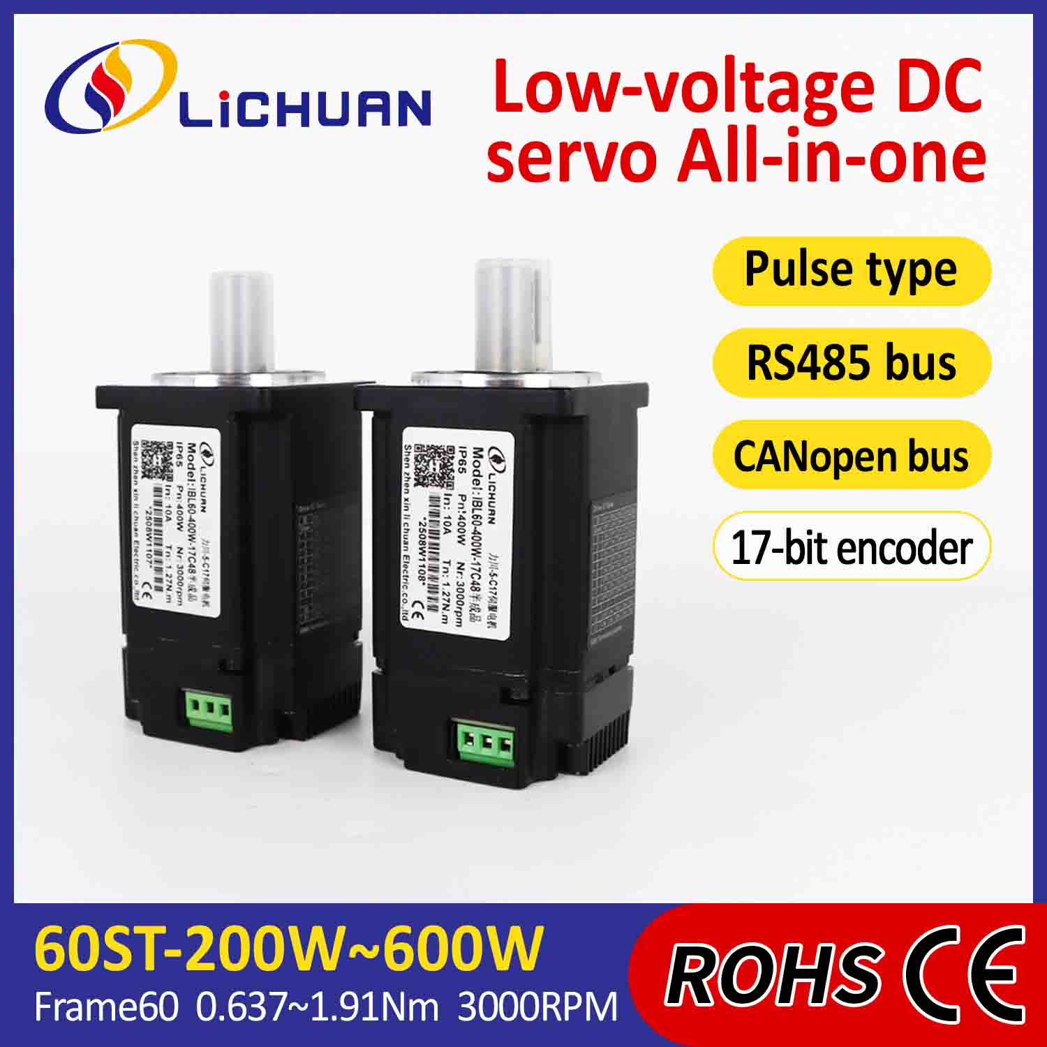 Lichuan Terintegrasi Motor Servo Driver Pulsa/RS485/CANopen Kontrol 400W 1.27N.m DC24/48V 6/10/12/15A 3000RPM IP65
