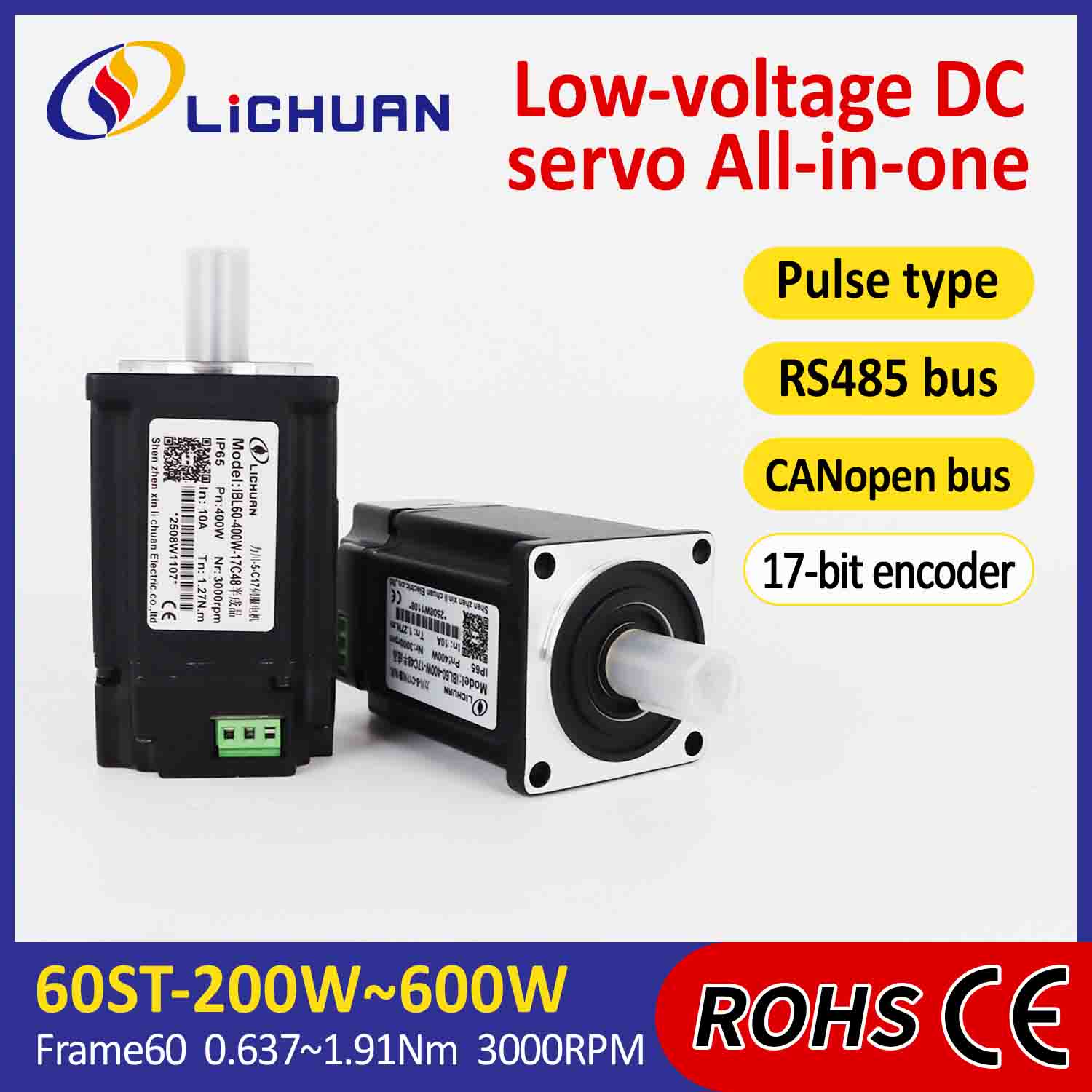 Lichuan Terintegrasi Motor Servo Driver Pulsa/RS485/CANopen Kontrol 600W 1.91N.m DC24/48V 6/10/12/15A 3000RPM IP65