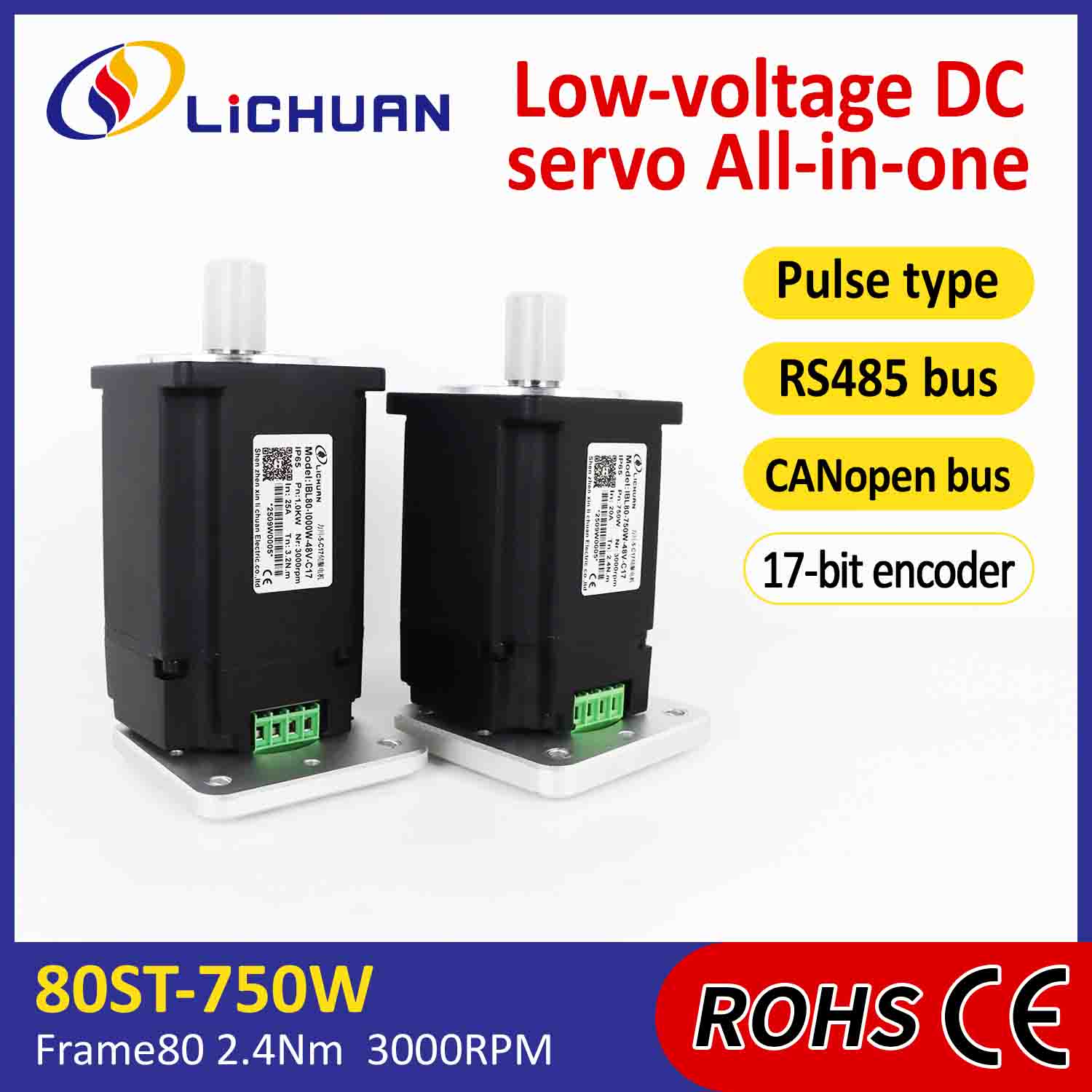 Lichuan Terintegrasi Motor Servo Driver Pulsa/RS485/CANopen Kontrol 750W 2.4N.m DC48V 20/25A 3000RPM IP65