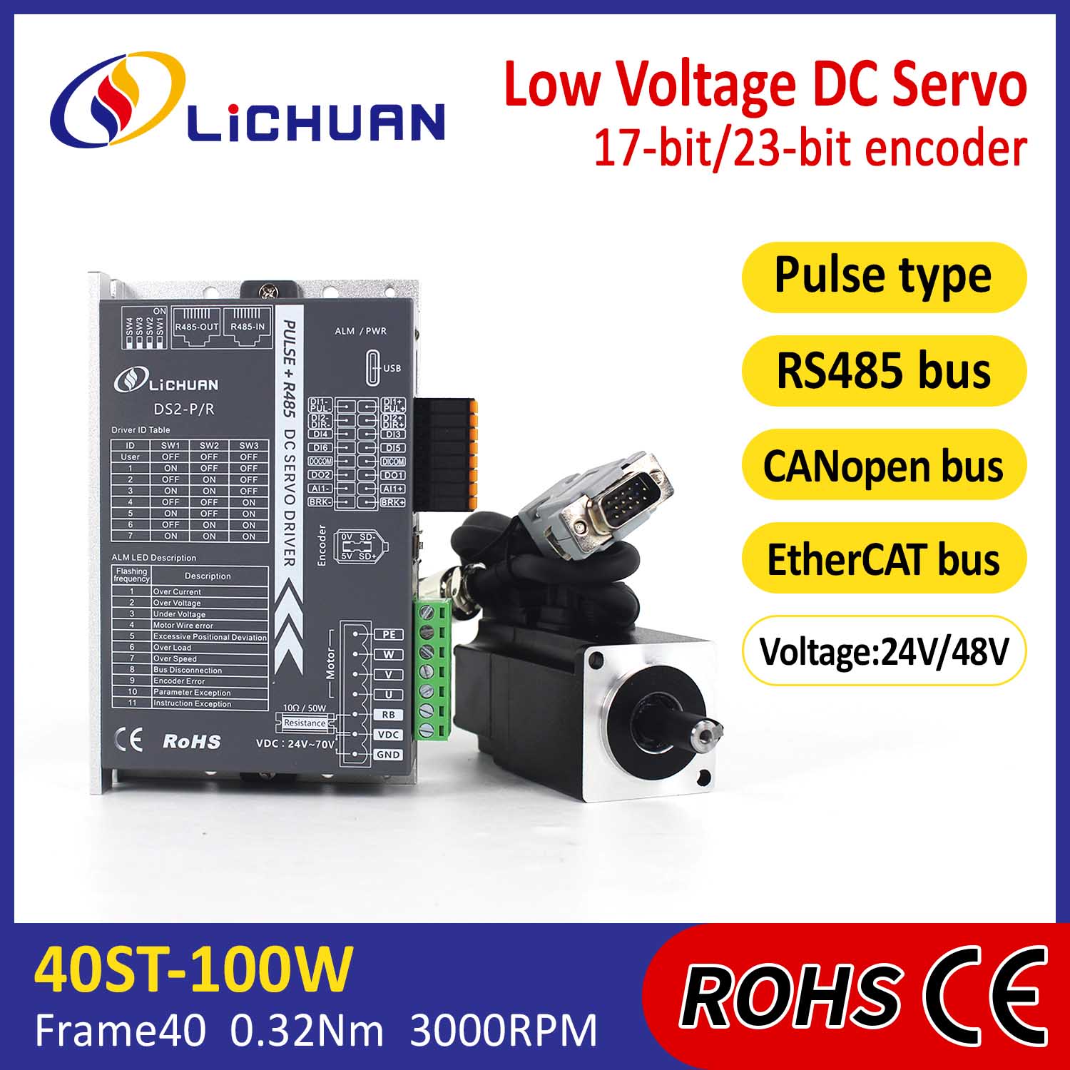 Pulse/RS485/CANopen/EtherCAT 40 FLANGED 100W Kit Driver Motor Servo DC Tegangan Rendah